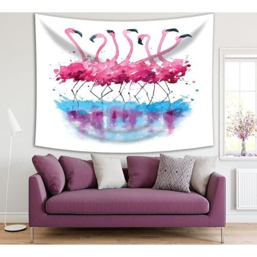 Tapestry Dancing Flamingoes in Lake Water Exotic Birds Animals Nature Theme Watercolor Painting Printed Pink Blue