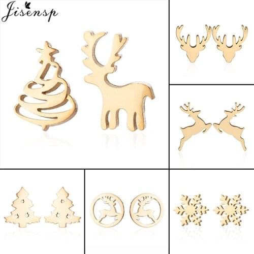 Jisensp Small Stainless Steel Stud Earrings for Women Kids Christmas Ear Jewelry Cute Animal Deer Earing Pendients Wholesale