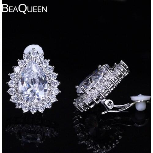 BeaQueen Classic Big Waterdrop Cubic Zirconia Stone No Pierced Hole Ear Clip On Earrings Fashion Women Clips Jewelry E191