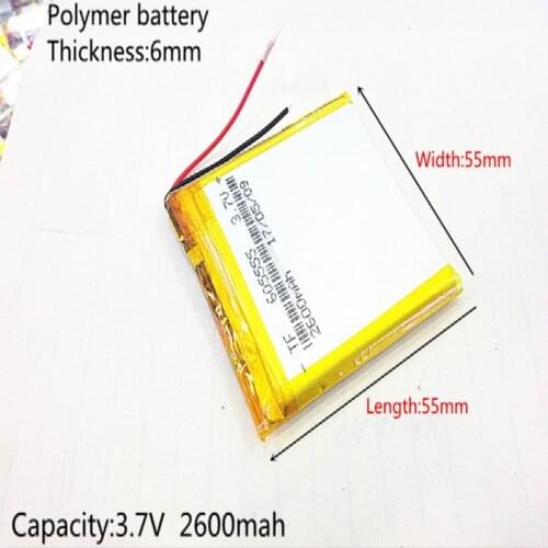 3.7V 2600mAh 605555 Lithium Polymer LiPo Rechargeable Battery ion cells For Mp3 Mp4 Mp5 DIY PAD DVD E-book bluetooth headset
