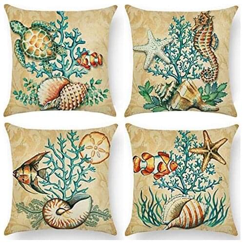 Ocean Theme Coastal Pillowcases Sea Turtle-Sea Horse-Seashell-Octopus-Fish-Starfish-Coral Beach Decorative Cushion Cover 18x18