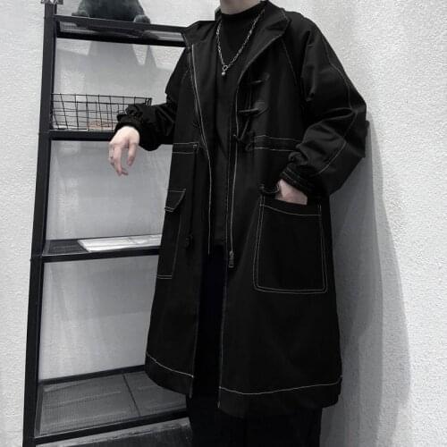 2021 Autumn Mens Jacke Long Trench Coat Oversized Solid Color Mens Windbreaker Big Pocket Fashion Mens Overcoat