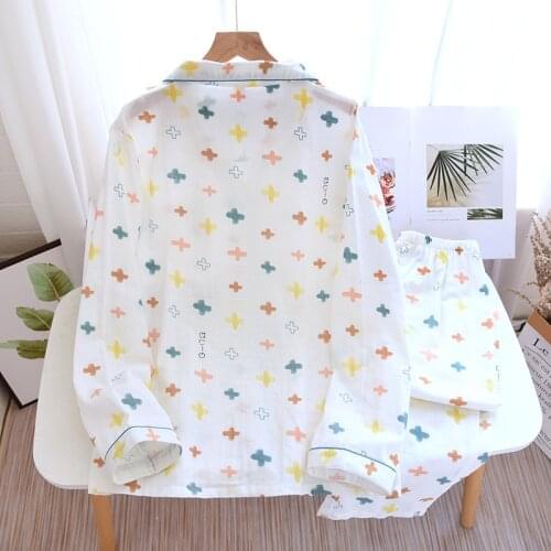 2021 New Style Ladies Spring and Autumn Geometric Pattern Cotton Gauze Pajamas Comfortable Home Wear Long-sleeved Trousers