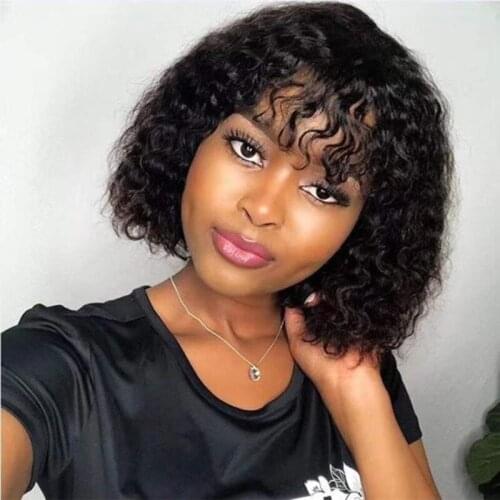 Remy Human Hair Bob Wigs with Bangs None Lace Front 150 Density machine made curly wig natural color