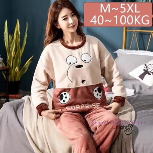 5XL Adults Pajamas Women Flannel Sleepwear Plus Large Size Winter Pyjamas Cute Cartoon Pyjamas Hooded Warm Thick Homewear Pajama
