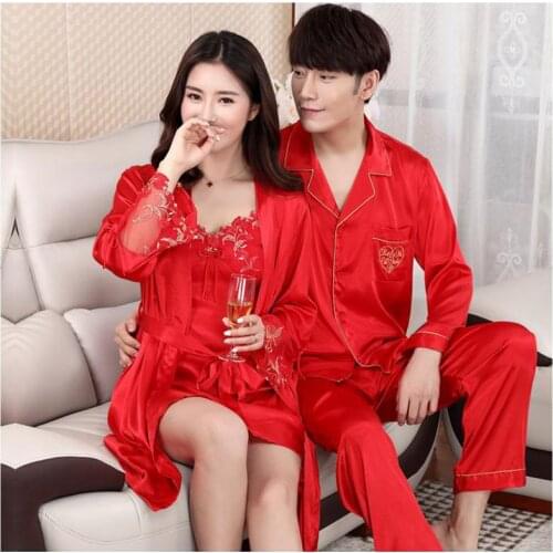 Pajamas red spring and autumn couple pajamas suit pajamas set imitation silk couple pajamas casual wedding home service
