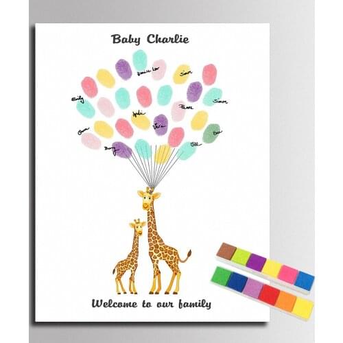 Baby Shower Gift Guest Book Fingerprint Signature Canvas Painting Cartoon Giraffe Wedding Baptism first communion Souvenir