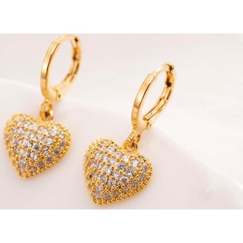 Elegant Heart 24 k KT Fine Solid Gold GF Drop Earrings Korean Style CZ Full Diamond Earrings Women Fine Jewelry Gifts