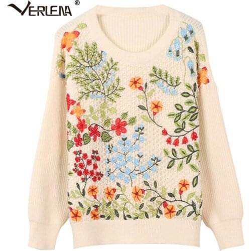 Verlena 2019 Autumn Jumper Long Sleeve O-Neck Beige Sweater Women Crochet Chic Charm Embroidery Floral Flower Pullover Sweaters