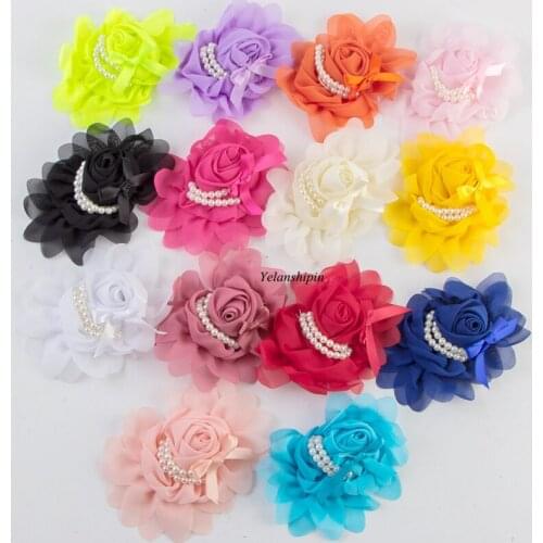50pcs/lot 14colors Hair Clip Goldfish Bowknot Chiffon Rolled Rosette Flowers+Pearls Solid Fabric Flowers For Craft Headbands DIY