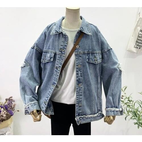 Korean Loose Vintage Hole Denim Jacket Women Blue Outerwear Spring Autumn 2021 Mid-length Long sleeve Casual Jeans Jacket Female