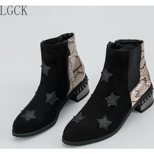 Plus Size 34-48 New Women Martin Boots Round Toe PU Leather Boots Shoes Ladies Combat Pentagram Mixed Colors Classic Ankle Boots