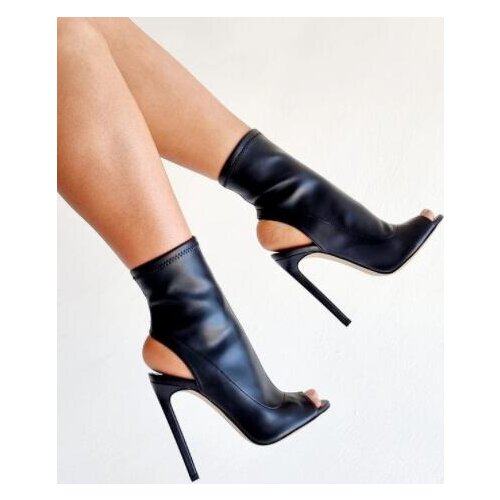 Moraima Snc Autumn Peep Toe High Heel Boots Stretch Leather Black Ankle Boots Women Slingback Cutouts Sexy Shoes Summer Boots