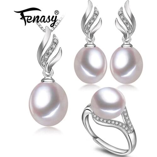 FENASY Wedding Jewelry Sets Fashion Natural Freshwater Pearl Pendant Necklaces Women 925 Sterling Silver Drop Earrings Ring Set