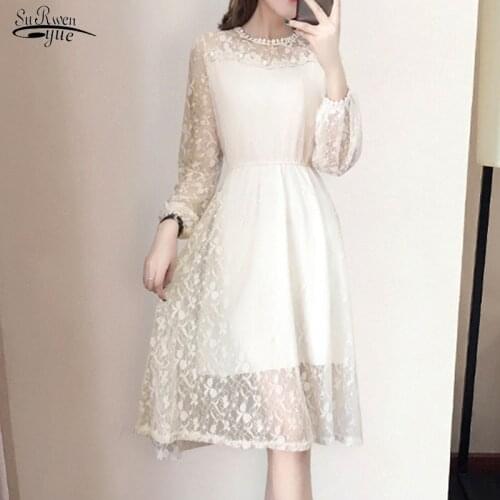 Koream Style Slim 2021 Spring Dress Women Lace Dress Fashion Knee-length Floral Dresses Beading O-neck Long Sleeve Dresses 13456