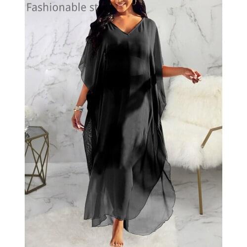 Women Solid Color V-Neck Chiffon Maxi Dress