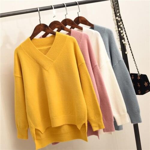 Winter Women Sweater New Solid Color V-neck Irregular Loose Warm Knit Pullover Bottom Sweater Female Casual Tops Waichuan AA278