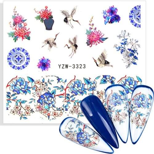 1pcs Cute Crane Nail Watermark Sticker Summer Blue Peony Floral Flower Leaf Pattern Water Transfer Nail Art Sticker Decoration