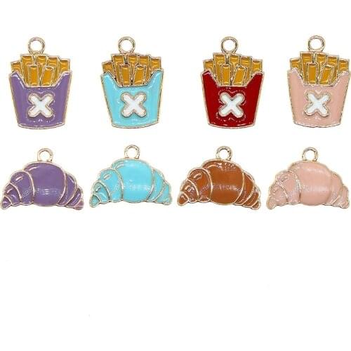 10pcs/lot 12*16mm Cute Enamel Food French Fries Croissant Bread Charms For Earrings Bracelet DIY Jewelry Making Findings XL1105