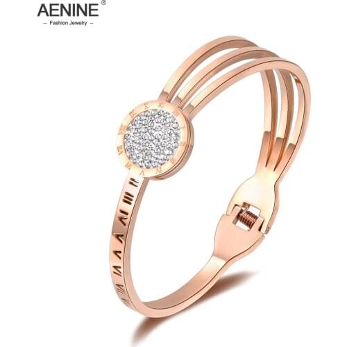 AENINE Stainless Steel Roman Numerals Rhinestone Rose Gold Wedding Bangles Bracelets Lovers Jewelry Valentines Day Gift AB18056
