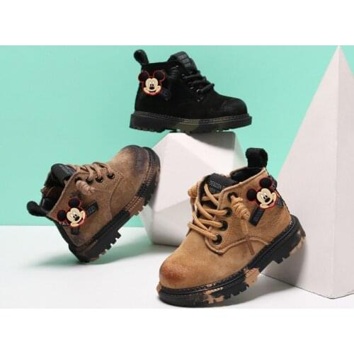 Disney childrens cartoon Mickey Mouse soft sole boy casual shoes plus velvet warm cotton shoes Martin boots short boots