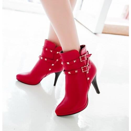 Rivets Faux Leather Booties Pointed Toe Heel Women Boots Fashion Buckle Ankle Boots Women Shoes Zipper Cheap High Heel Boots 39