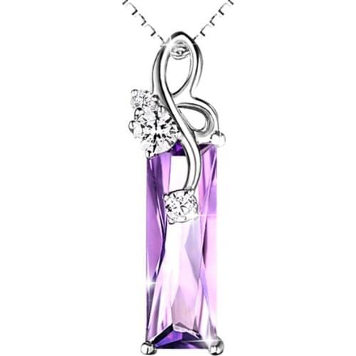 FYJS Unique Silver Plated Rectangle and Marquise Shape Natural Amethysts Crystal Pendant Link Chain Necklace Fashion Jewelry