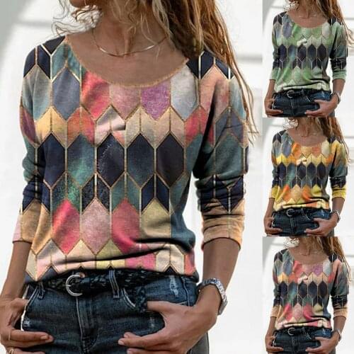 Fashion Vintage Women Long Sleeve O Neck Geometric Hexagon Print T-shirt Blouse Top Pullover Elegant Streetwear Female Top