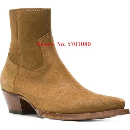 Man Shoes Lukas 40 Ankle Boots Brown Calf Leather Suede Pointed Toe Side Zip Stacked Heel Chelsea Boots Western Cowboy Boots