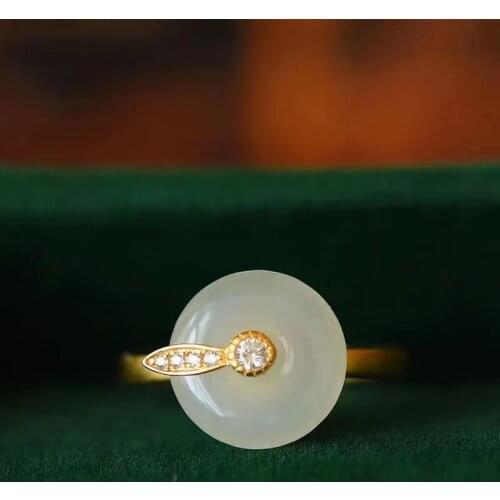 Original S925 Sterling Silver Gilding Hetian Jade White Jade Peace Buckle All-Match Ancient Style Female Opening All-Match Ring