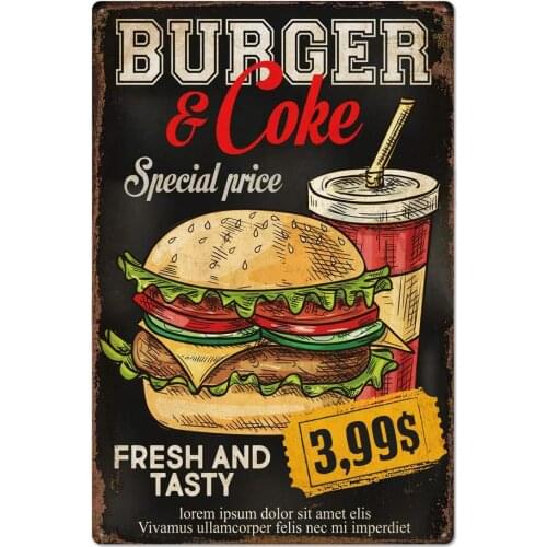 Original Retro Design Tin Metal Sign Wall Art | Fresh and Tasty Burger and Coke | Thick Tinplate Print Poster Wall Decoration