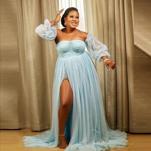 Plus Size Tulle Prom Dress WIth Extra Long Sleeves Maternity Dress For Photo Shoot Sequined African Side Split Evening Gowns