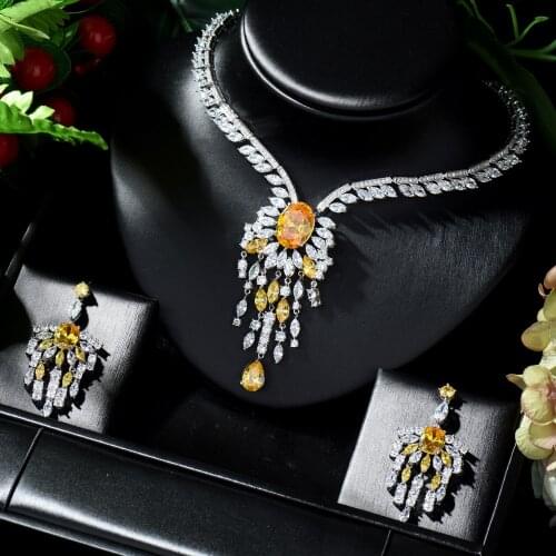 HIBRIDE Luxury Sparking Brilliant Cubic Zircon Drop Earring Necklace Heavy Dinner Jewelry Set Wedding Bridal Dress Bijoux N-279