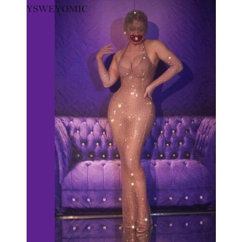 Bling Bling Nude Mesh Silver Stones Sexy Trasparent Dress Women Evening Birthday Celebrate Costume Singer Dance Longer Dress