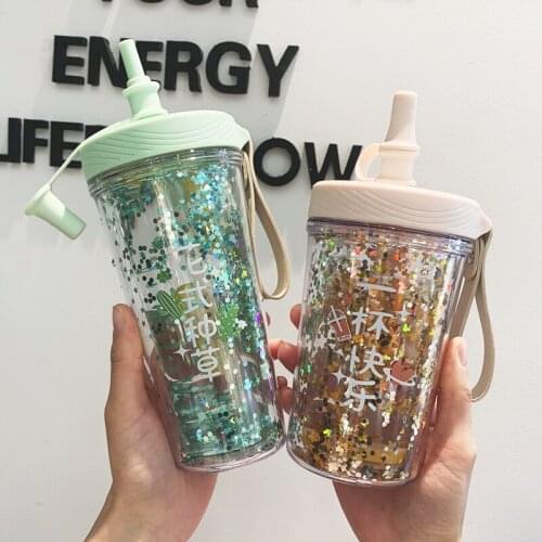 Straw Cup Quicksand Girl Heart-Style Cute Adults Maternity-Style Sequined Double-Layer Plastic Cup