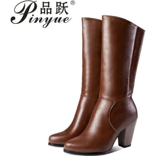 Women Leather Mid Calf Boots Casual Slip on Autumn Winter Long Boots Fashion Round Toe Black High Boots Female
