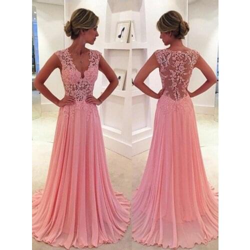 Sexy A-Line V-neck Long Coral Evening Dresses with Pockets Chiffon Floor Length Lace Back Formal Party Dresses for Women