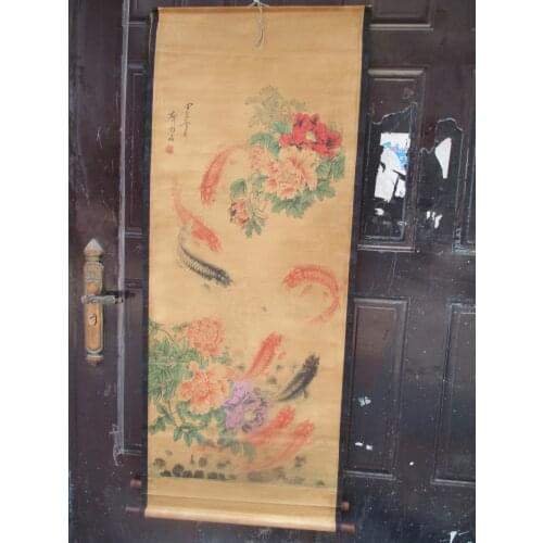 Collection Home wall decoration painting ,Chinese old paper scroll painting Qi bai shi "fish " animals Painting