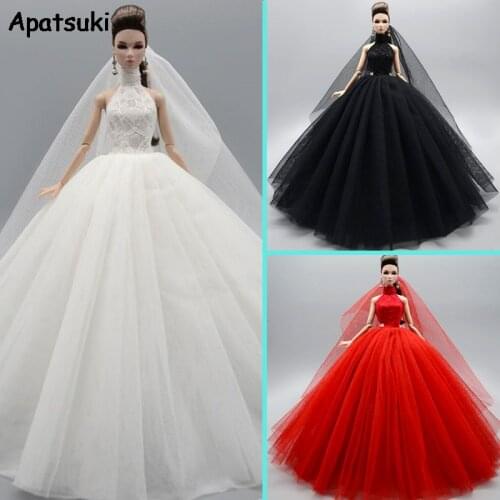 3pcs/lot High Neck Fashion Wedding Dress For Barbie Doll Outfits Princess Evening Party Gown Long Dresses Doll Clothes Veil 1/6