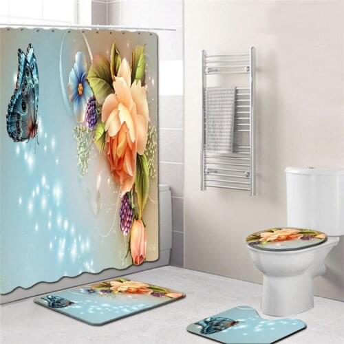 4pcs/Set Elegant Flowers Bathroom Pattern Shower Curtain Mat Set Non Slip Rugs Carpet For Bathroom Mat Toilet Bath