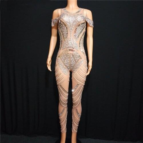 Sparkly Full Stones Mesh Jumpsuit Prom Luxury Bodysuit Outfit Party Celebrate Glisten Leggings Costume stretch Rompers
