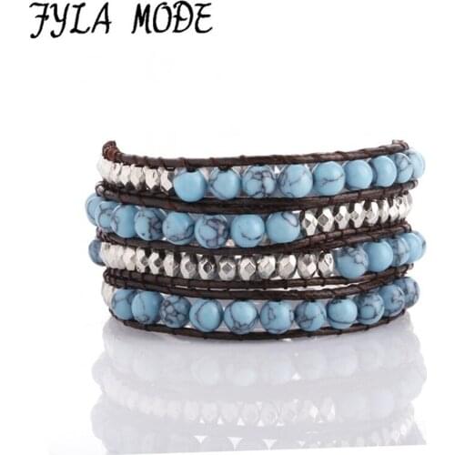 6mm Blue Stone Bead Charm Bracelet Silver Color Faceted Bead 4 Wrap Bracelet On Immitation Leather Handmade Jewelry Cuff Bangle