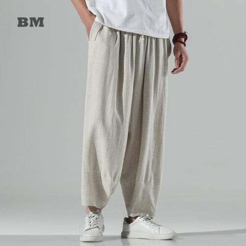 2021 Summer Thin Cotton Linen Casual Cropped Trousers Chinese Style Zen Clothes Loose Plus Size Harem Pants Oversized Men