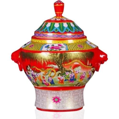Jingdezhen Ceramic Chinese Enamel Pastel Boy Playing with a Lid Binaural jiang jun guan Storage Tank Ornaments