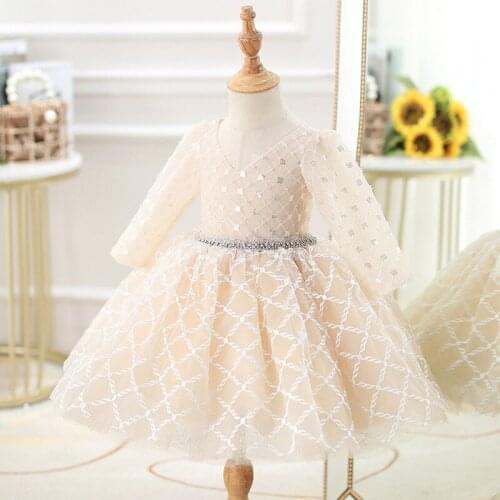 Childrens V-neck long-sleeved short princess dress wedding banquet flower girl sequin beaded dress pearl open back mesh dress