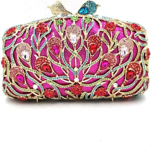 Elegant women evening party handbag diamonds luxury clutches ladies designer peacock feather crystal bridal wedding party purses