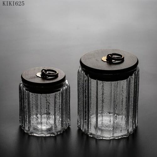 European Transparent Glass Tea Caddy with Wooden Lid Household Sealed Storage Jar Kitchen Seasoning Candy Jar Home Decoration