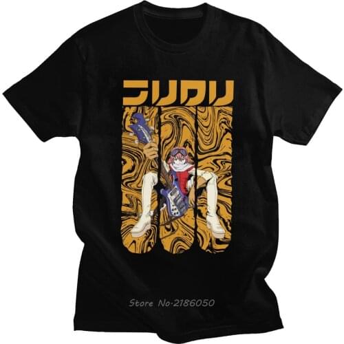 Unique FLCL Fooly Cooly Tshirt Men Short Sleeves Casual Anime Manga Haruko Haruhana T Shirt O-neck Cotton Tee Top Harajuku