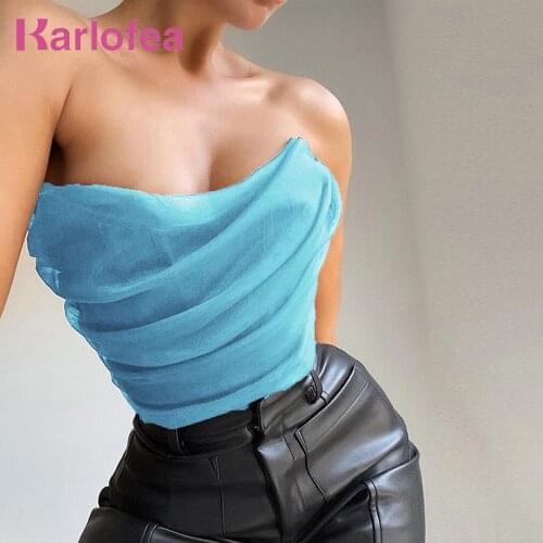 Kealofea Mejur Summer 2021 Corset Crop Top For Women Fashion y2k Outfits Clothes Sexy Tube Tops Blue Mesh Sleeveless Bustier New
