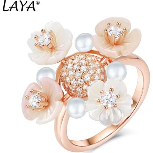 Laya 925 Sterling Silver Fashion Natural Shell Flower High Quality Zircon Freshwater Pearl Ring For Women Wedding Jewelry